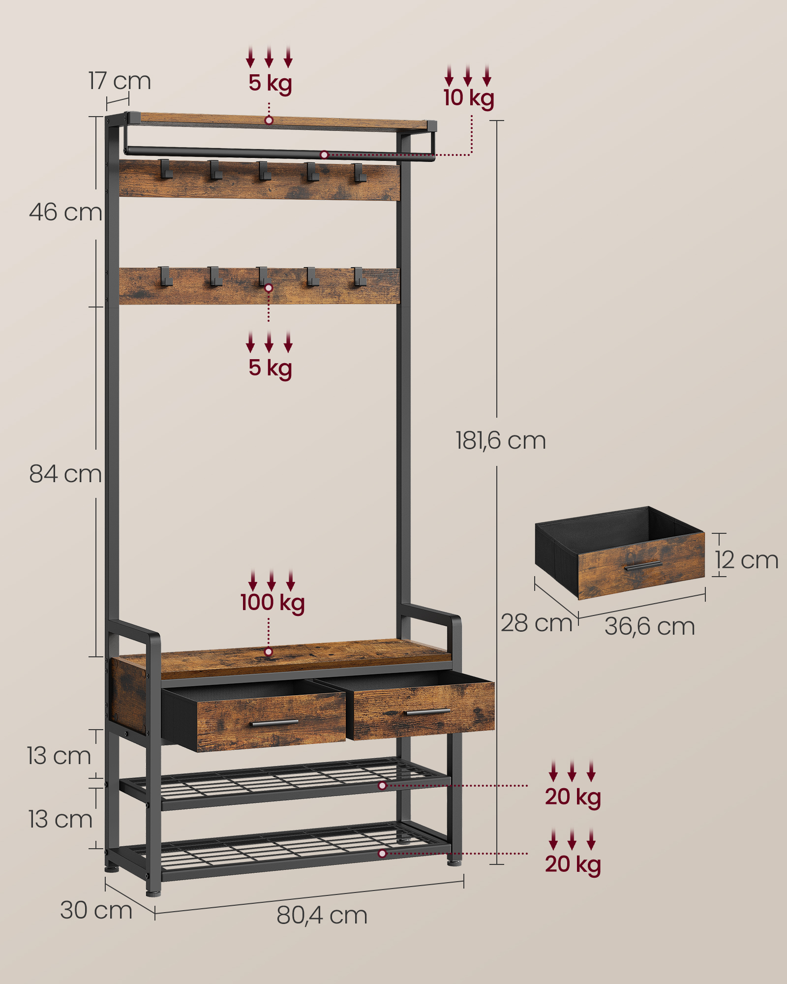 VASAGLE kapstok, scheidbaar ontwerp, kapstok met schoenenbank