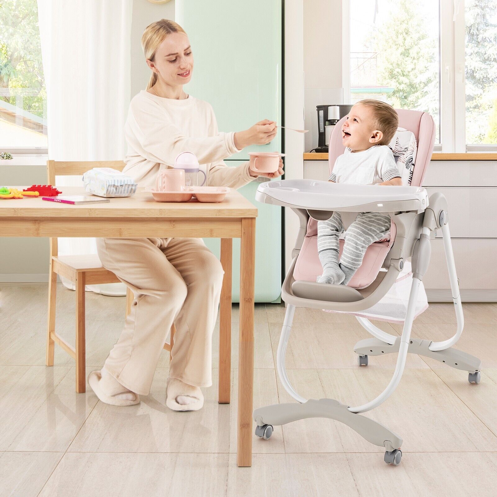GOFLAME Folding Baby High Chair Adjustable Convertible High Chair W/ Removable Meal Tray