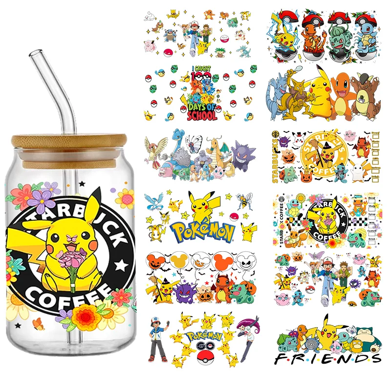 Lindo dibujo animado Pokemon Pikachu UV DTF pegatina de transferencia de vidrio pegatinas de transferencia impermeables para pegatinas de envoltura de taza de vidrio de 16oz