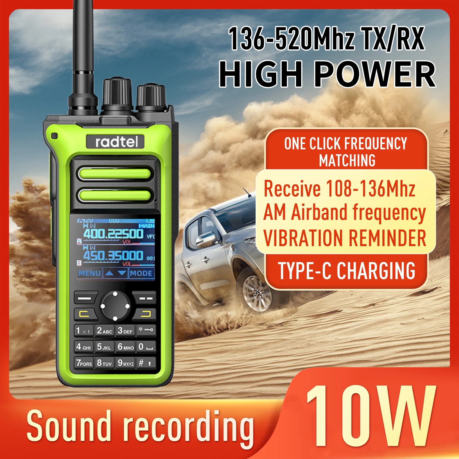 Radtel RT-752 10 W Air Band Walkie Talkie Full Band Amateur Ham 250CH HT USB-C Batterie NOAA FM AM Aufnahme Vibration