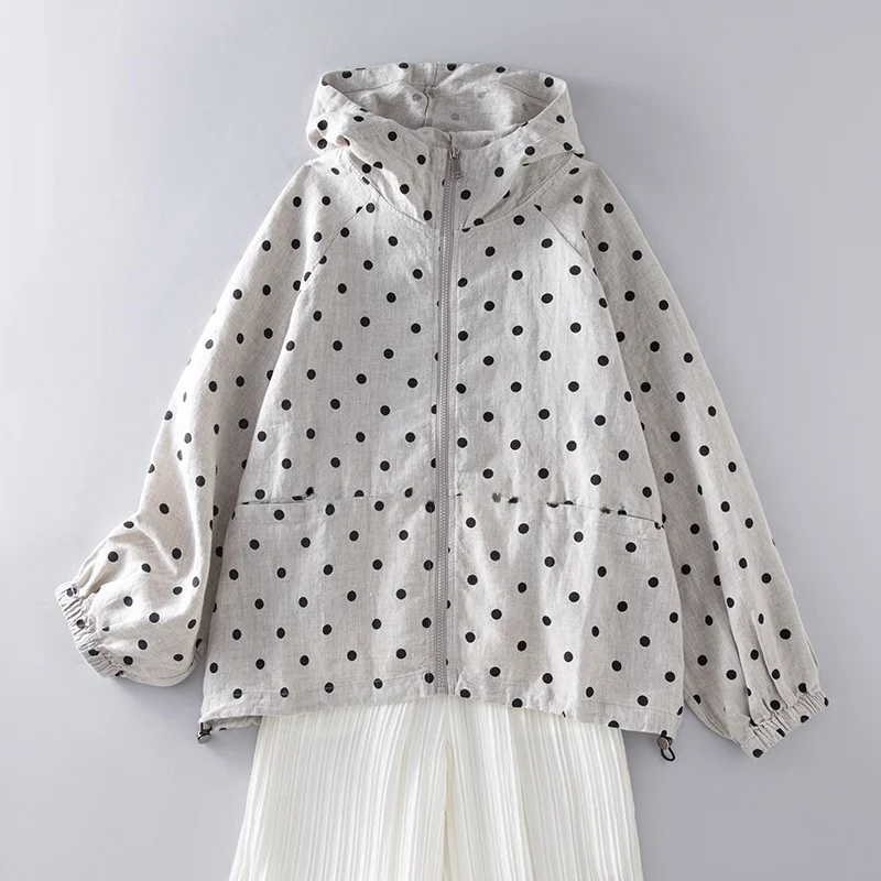 Jaet solto de algodão e linho com estampa de bolinhas com capuz e zíper primavera verão feminino ort outerwear confortável respirável