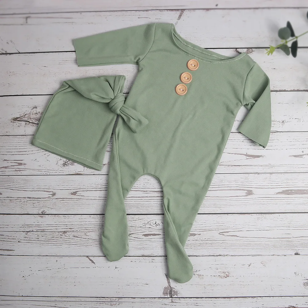 Ylsteed ทารกแรกเกิดการถ่ายภาพ Props ปุ่ม Footed Jumpsuit กับ Sleepy หมวกทารก Photo Props Pic Idea