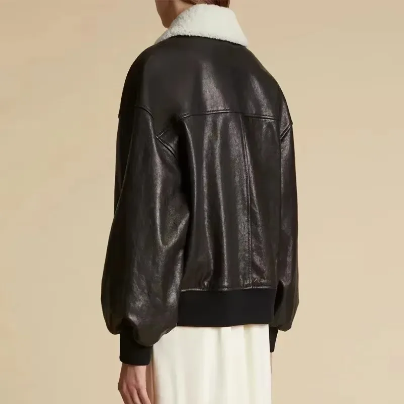 Kh@-Women's Leather Jacket with Removable Fur Collar, Thickened Coat, Loose Parkas, Faux Fur Coat Winter and Spring 2025