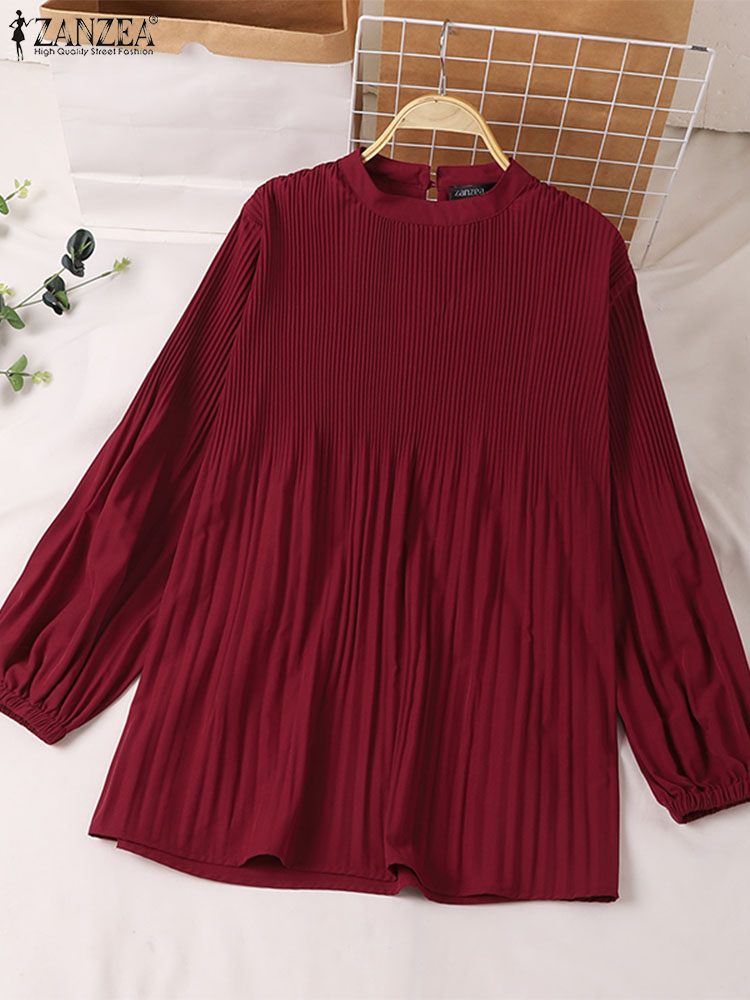 ZANZEA-Blusas largas plisadas islámicas musulmanas para Mujer, Blusas informales de manga larga con cuello redondo, Tops tipo túnica de Color sólido a la moda para Mujer