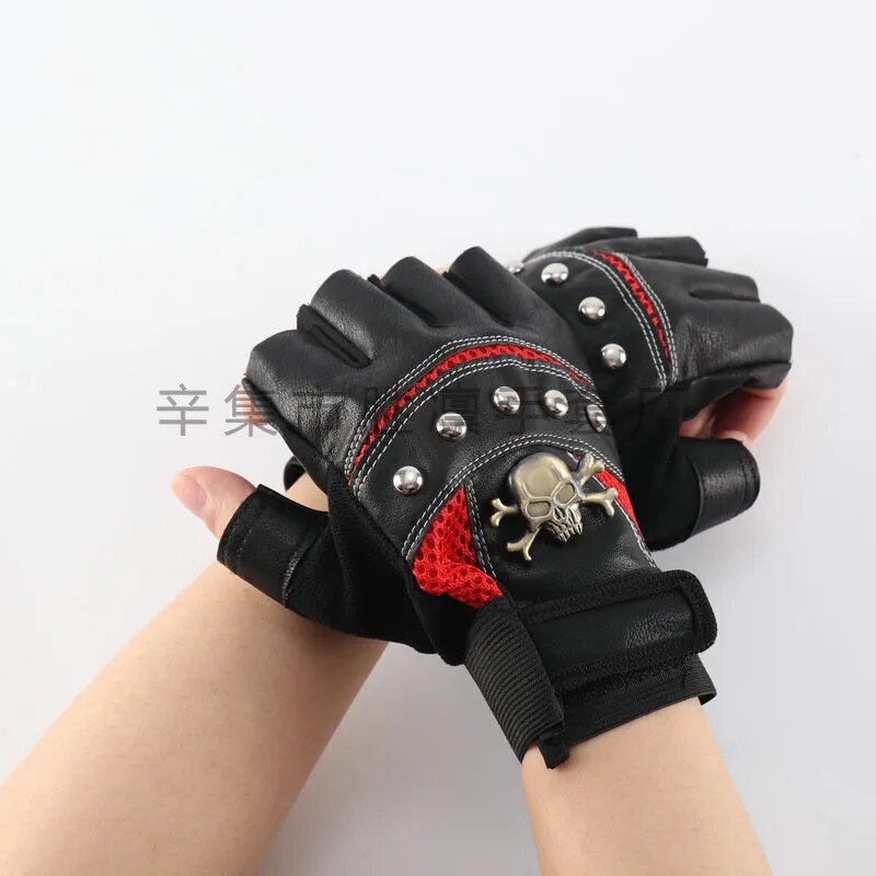 Guantes de cuero Pu de medio dedo para hombres, cuatro estaciones, montañismo, equitación, táctica, personalidad, remache de Calavera, guantes protectores de Fitness