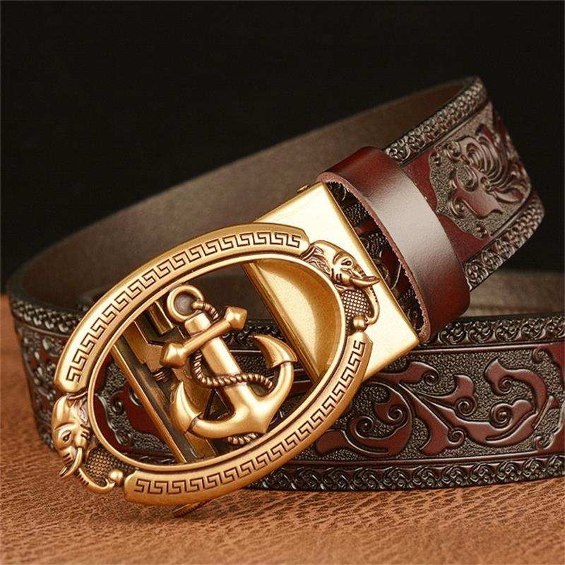 SupSindy Cinturón de cuero genuino para hombre, cinturones de piel de vaca con hebilla automática de Metal con ancla dorada de lujo para hombre, cinturón vaquero para hombre, correa negra