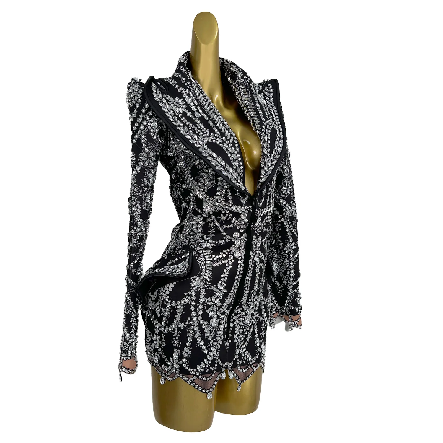 Zuanshixizhuang-Vestido corto con diamantes de imitación de cristal, traje de fiesta de cumpleaños, actuación de Drag Queen, escote en V profundo, negro, moda