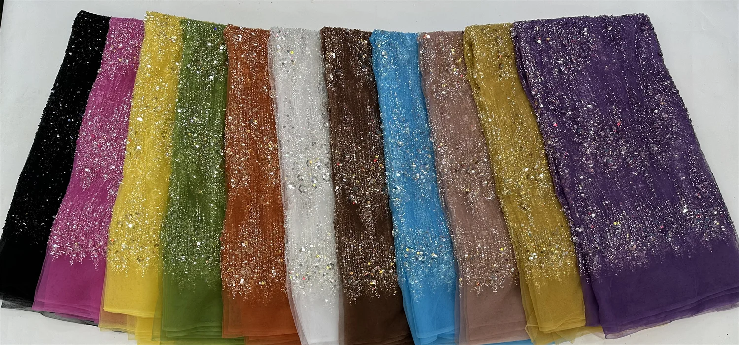 หรูหราสีเหลืองSequinsลูกปัดลูกไม้ผ้าสําหรับงานแต่งงาน 2024 ออกแบบใหม่ภาษาฝรั่งเศสคําแอฟริกันTulleตาข่ายลูกไม้สําหรับชุดราตรี