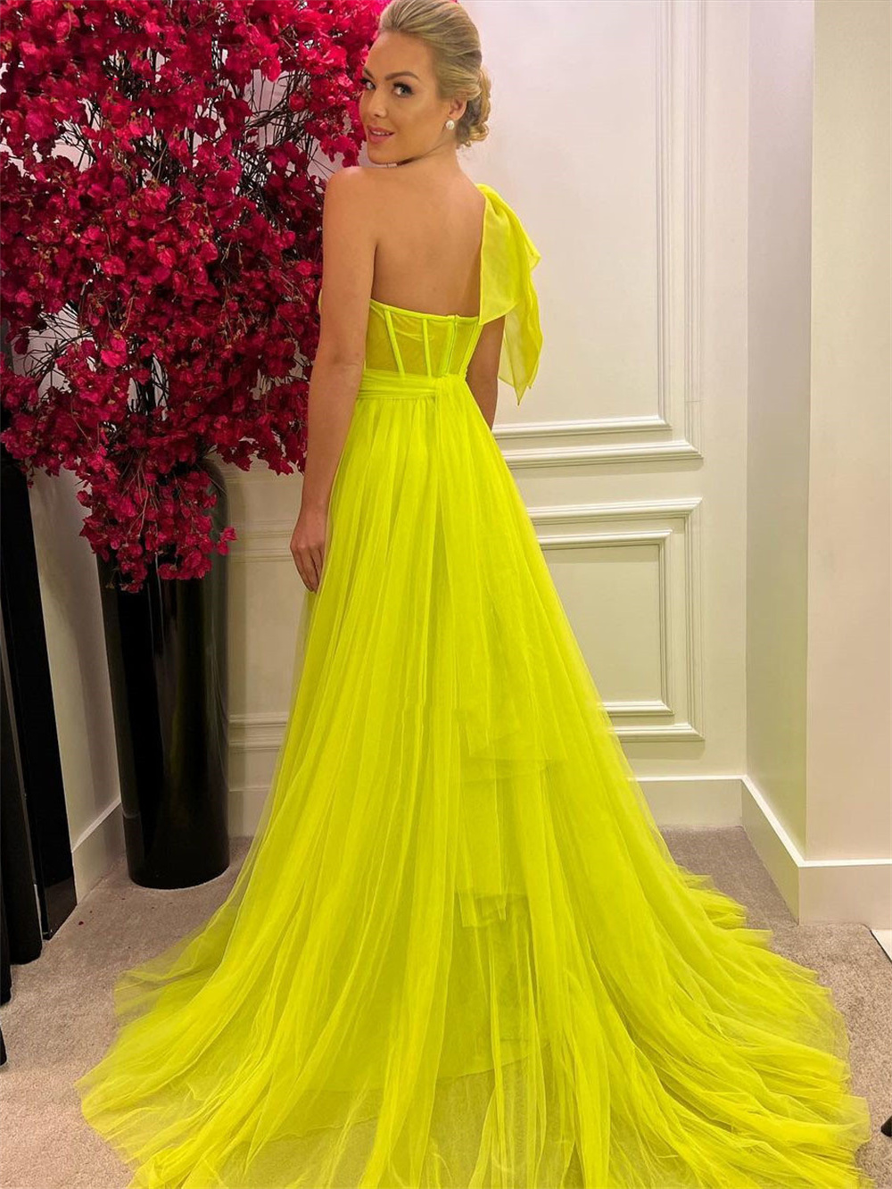 Amanda Tulle Một Vai Вечернее Платье Люкс 2023 Hoa Hồng Màu Hồng A-Line Prom Dress Sexy Side Chia Đảng Ăn Mặc Tùy Chỉnh Buổi Tối ăn Mặc