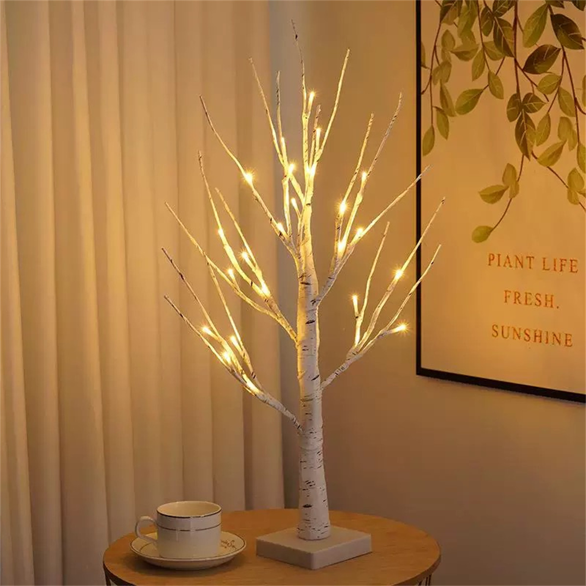 Simulación LED de árbol de abedul para dormitorio, sala de estar, decoración de fiesta, batería, USB de doble uso, ambiente cálido y romántico ·
