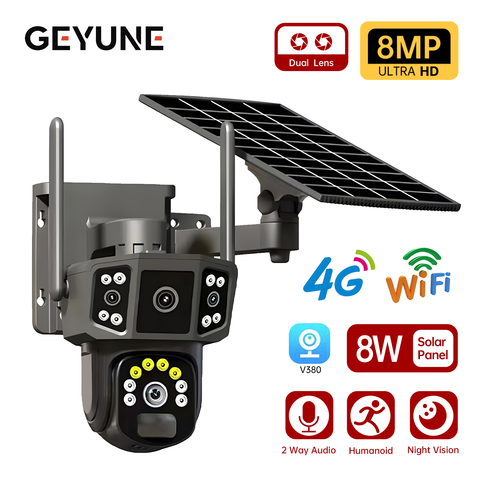 Solar Camera 4G SIM Card WiFi Wireless Network 360 IP 8MP 4K HD CCTV Battery Dual Lens Outdoor Smart Home Security Surveillance