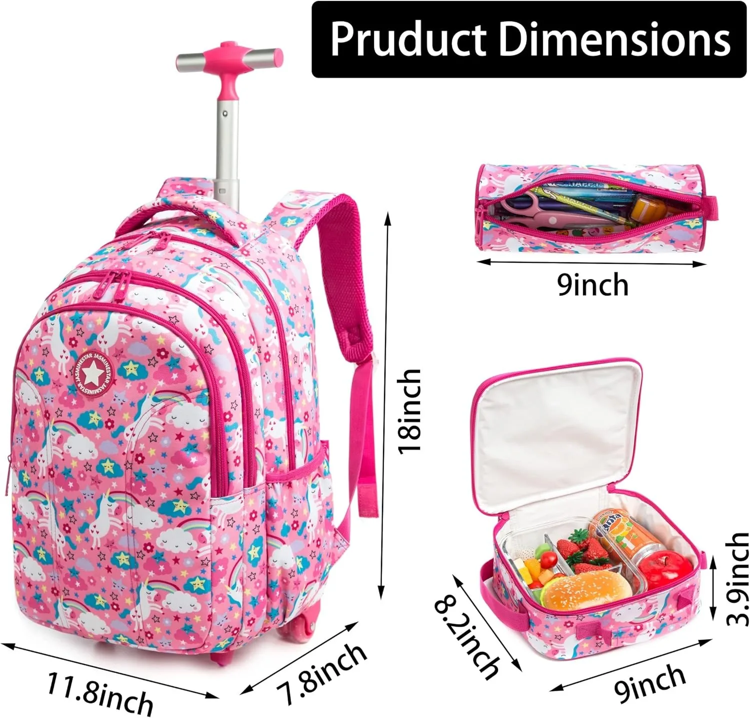 Schulrucksack für Mädchen, Kinder-Rolltaschen-Set für Jungen, Rolltasche, Rollgepäck, Schultrolley-Rucksack mit isolierter Lunchtasche