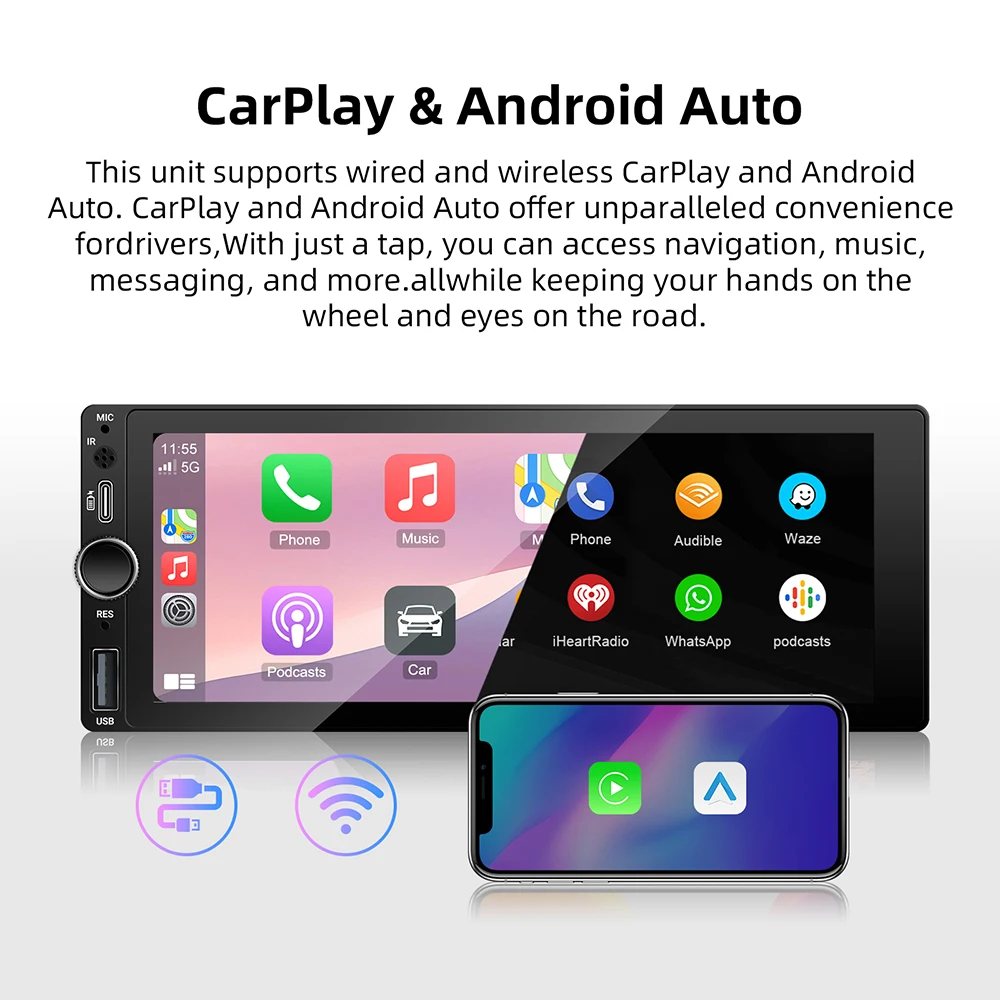 Anyfar 6.86 "1280*480 1 din mp5 player rádio do carro sem fio carplay android auto multimídia player 1din fm rádio automático estéreo