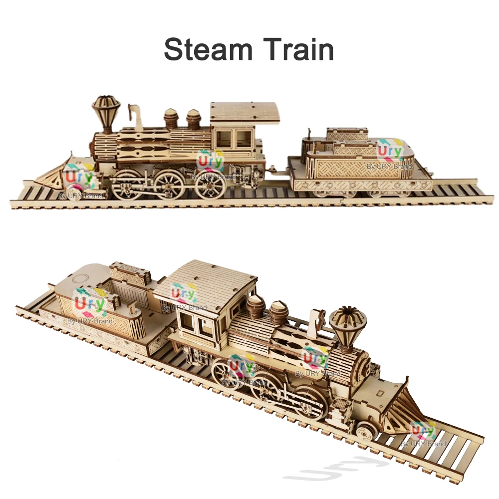 Ury 3D ปริศนาไม้ Retro รถไฟไอน้ําพร้อมรางรถไฟสะพาน Handmade ประกอบรถบรรทุกรุ่น DIY ของเล่นตกแต่งของขวัญสําหรับเด็ก