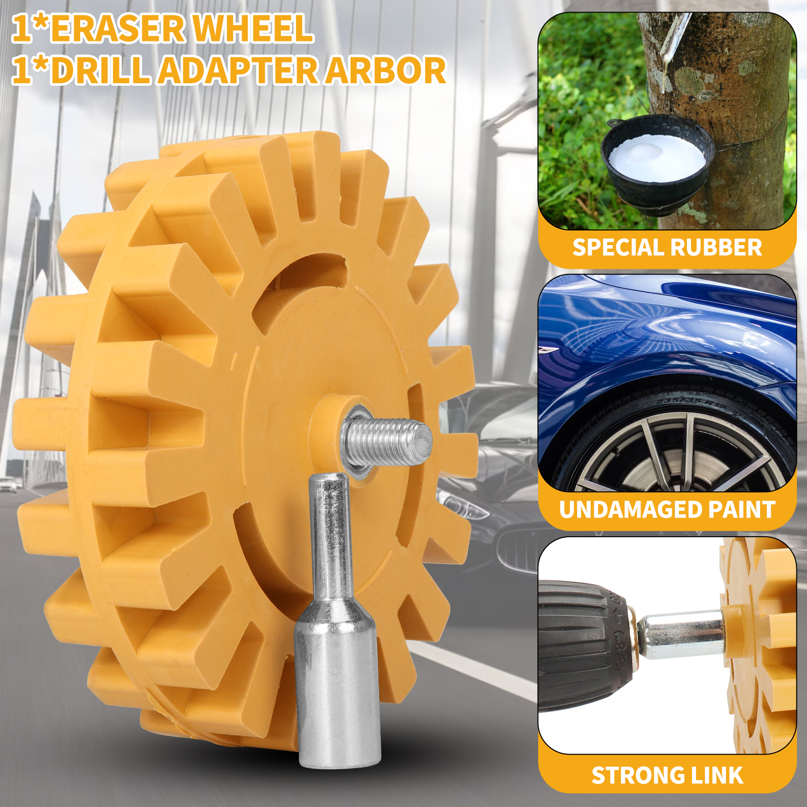 SIFANG roue de caoutchouc de dissolvant d'adhésif de roue de gomme de voiture, adaptateur de perceuse électrique lisse, outil de retrait de décalcomanies en vinyle en caoutchouc de réparation de peinture