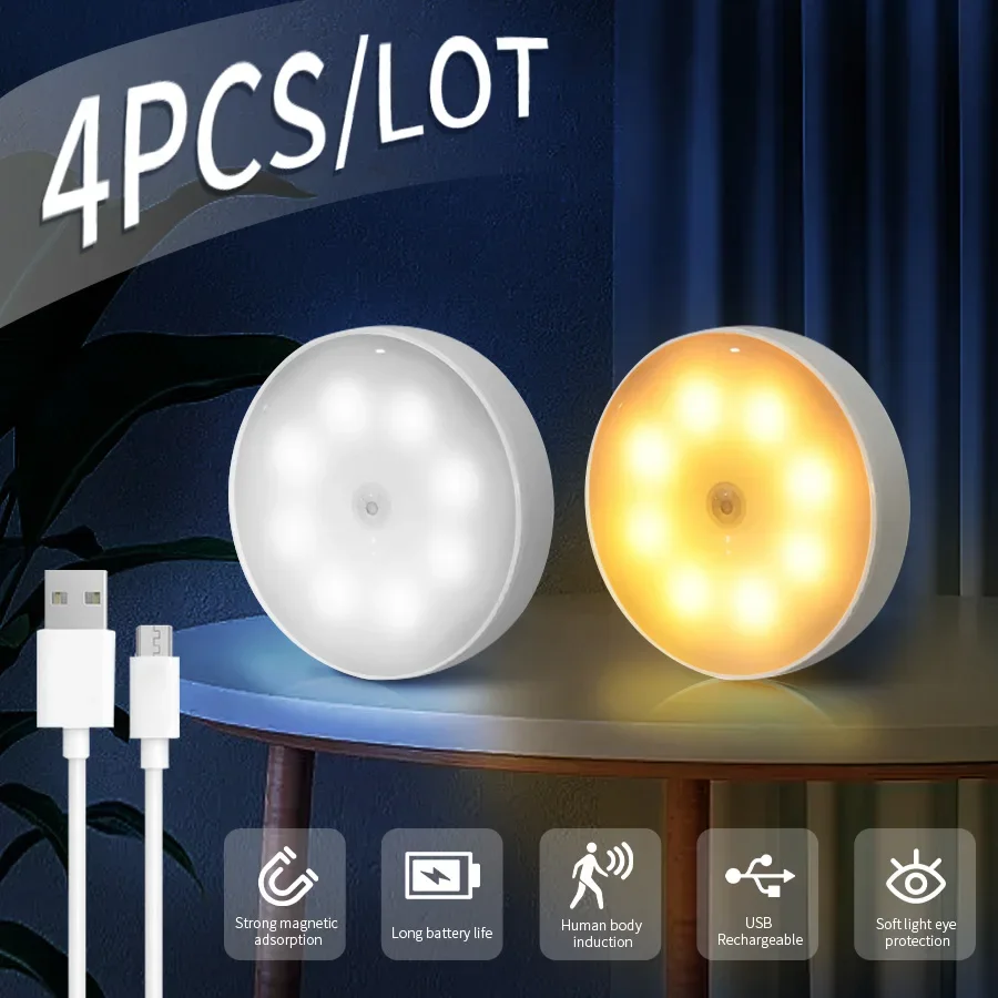 1/2/4 pezzi sensore di movimento ricaricabile luce notturna a LED decorazione della parete camera da letto lampada da notte luci per armadio da cucina luce notturna per bambini