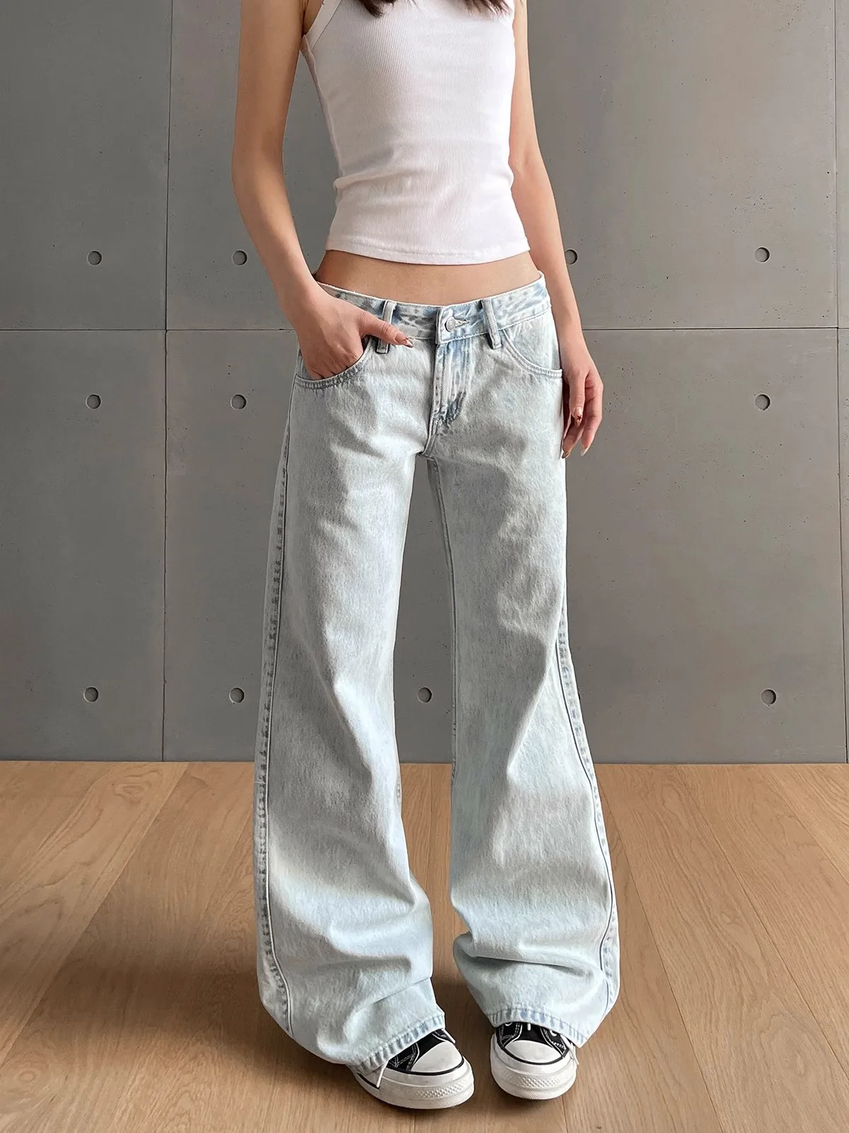 y2k Vintage Women Jeans Low Waist Zipper Button Solid Trousers with Pockets Aesthetic Streetwear Washed Jeans