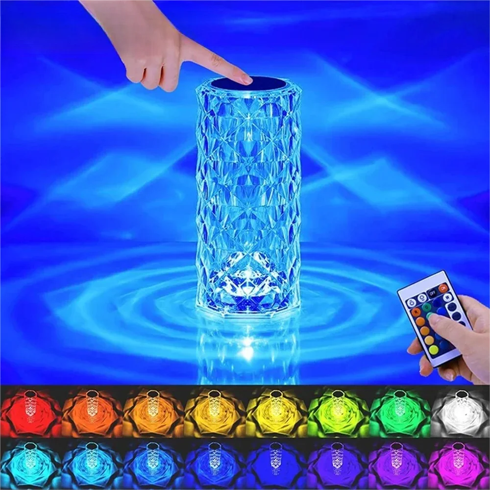 Lámpara de mesa de cristal LED de 3/16 colores, lámpara de noche romántica de rosa táctil recargable, lámpara de noche para dormitorio, decoración para sala de estar y Bar