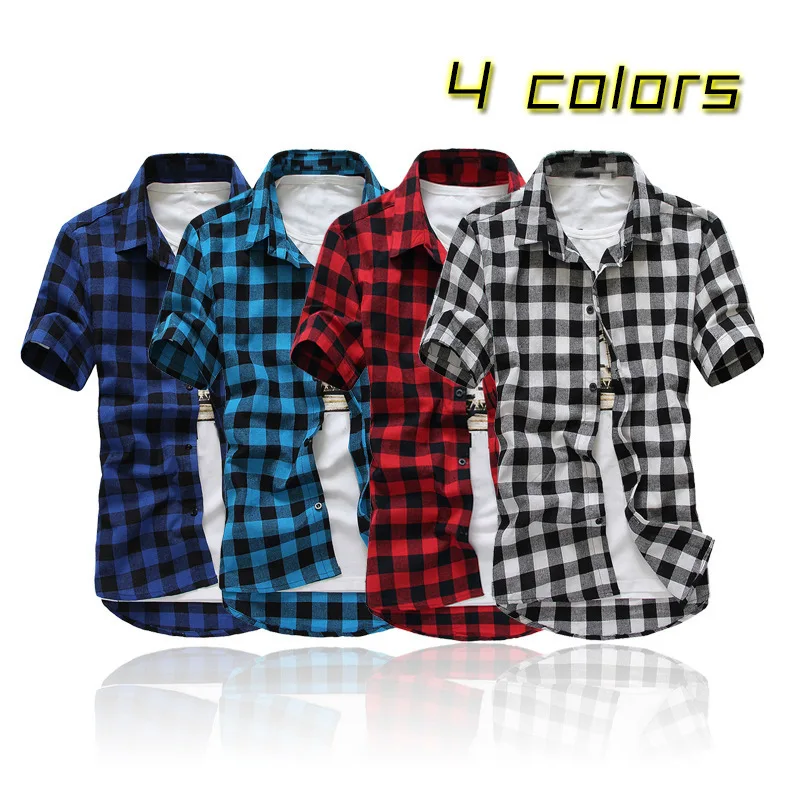 2023 Trendy Plaid Shirt Slim Short-sleeved Shirt Korean Style Youth Men's Casual Daily Lapel Shirt for Men