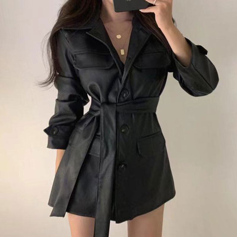 Slish Retro Deep Brown PU Leather Jacket Mid-Length Biker Coat for Women Trendy Autumn Winter Outerwear Casual Commute