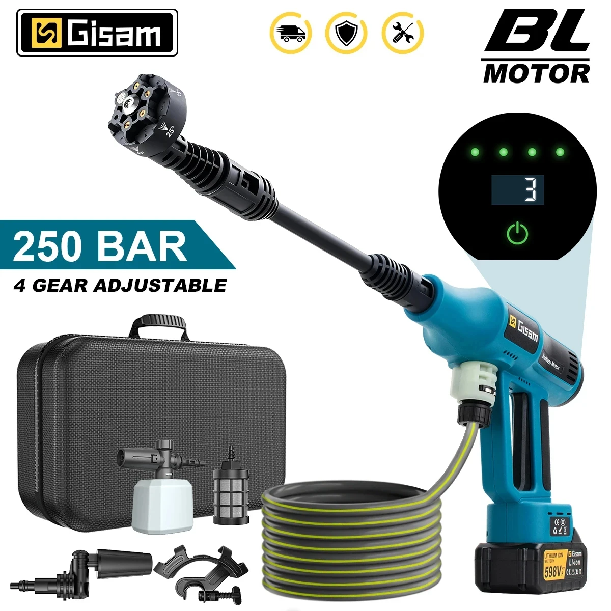 Gisam 250Bar Brushless High Pressure Car Washer Gun 4 Gears Electric Garden Washing Water Spray Gun for Makita 18V Battery Pin