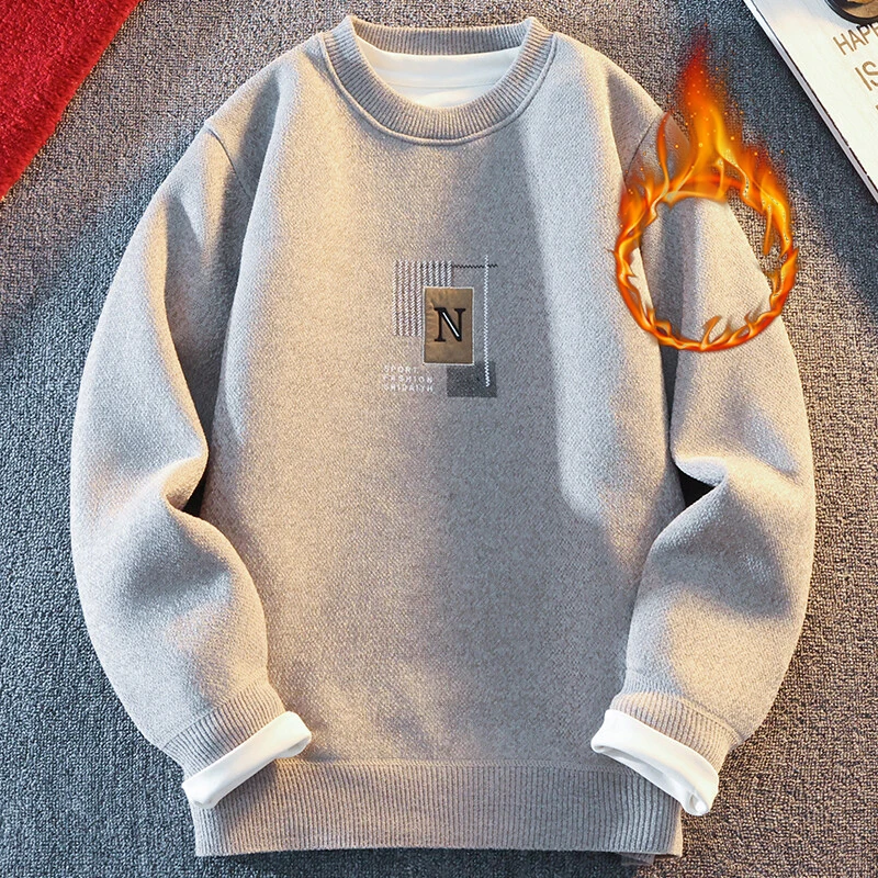 Lässiger Pullover für Herren, dicke Fleece-Pullover, gestricktes Oberteil, Kleidung, Rundhalsausschnitt, gestrickte Pullover, modische Sweatshirts