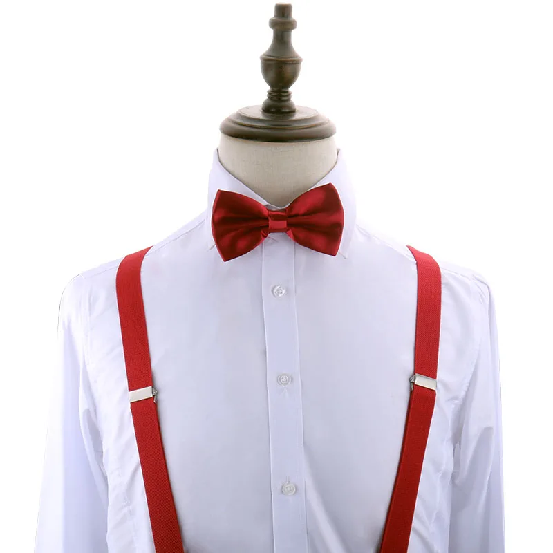 Tirantes para hombre, pajarita de Color sólido, tirantes elásticos de cuero PU para hombre, cinturón, correas ajustables para accesorios de pajarita de boda