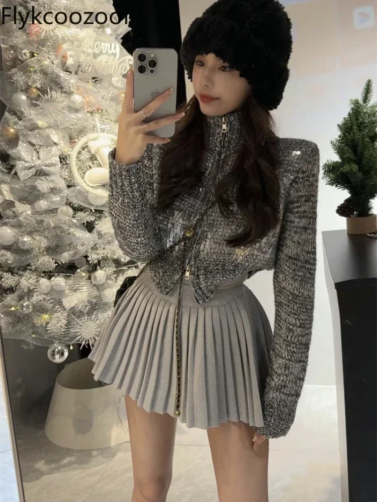 Pull en tricot à paillettes pour femmes, nouvelle mode automne et hiver, tempérament, taille haute, jupe plissée amincissante, ensemble en Tweed