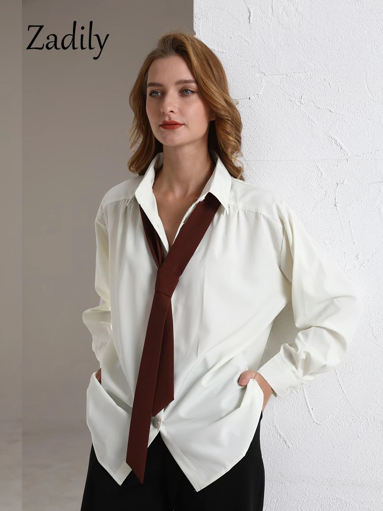 Zadily 2024 Zomer Minimalistisch Lange Mouw Knoop Shirt Vrouwen Koreaanse Stijl Effen Stropdas Oversized Shirts Blouse Losse Kleding Tops