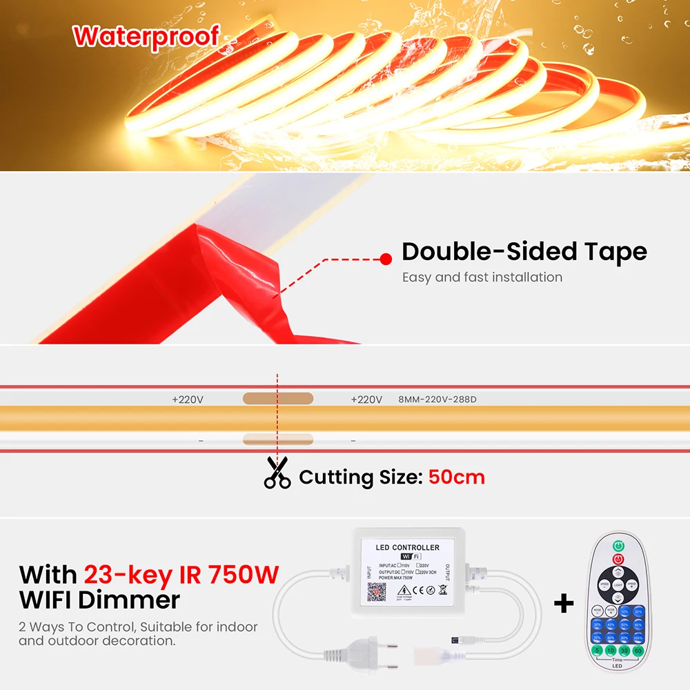 220V Dimmable COB LED Strip Light WIFI Bluetooth Wall Touch 23key Remote Control Power Kit 288LED IP67 Waterproof Flexible Lamp