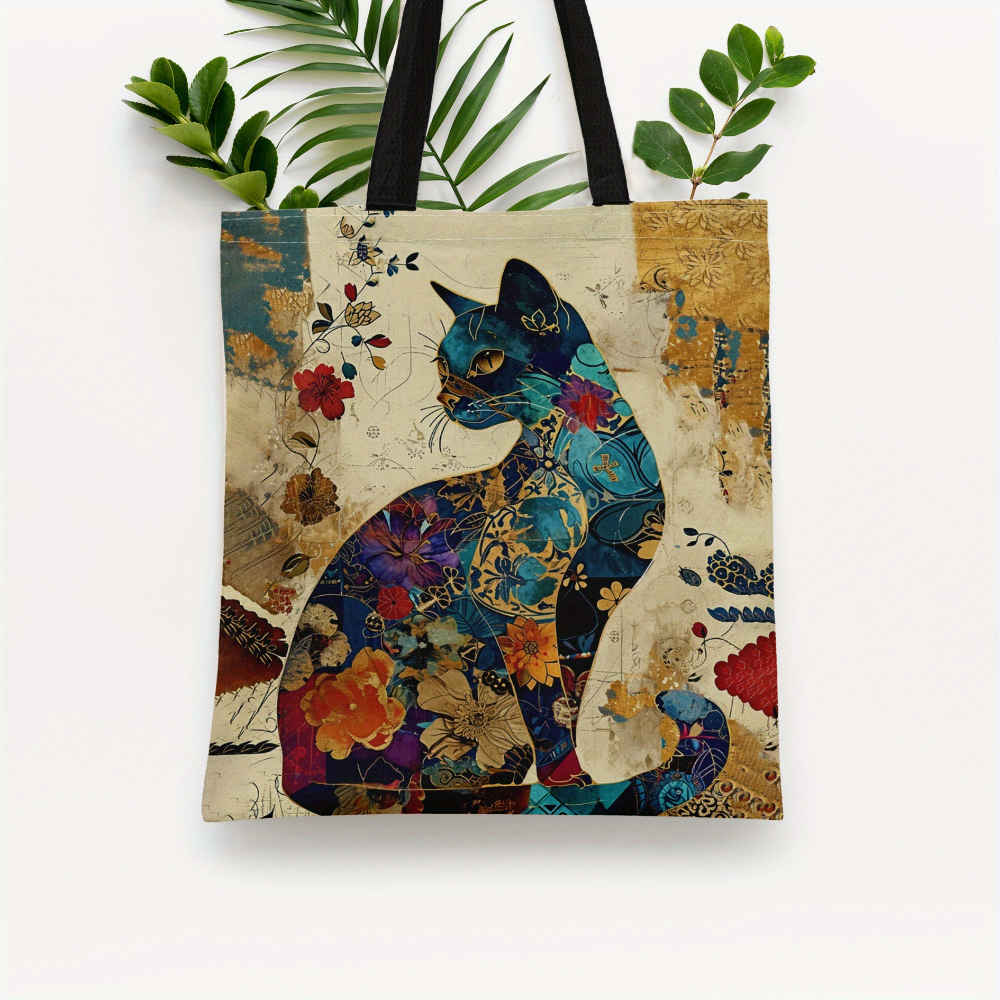 Gato dos desenhos animados pintura a óleo sacola grande capacidade saco de compras casual viajando bolsa de lona feminina bolsa de ombro elegante