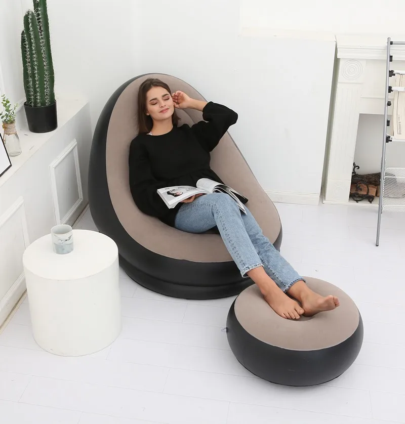 Poltrona preguiçosa inflável Sofá dobrável flocado em PVC com conjunto de chaise longue para almoço pull-on