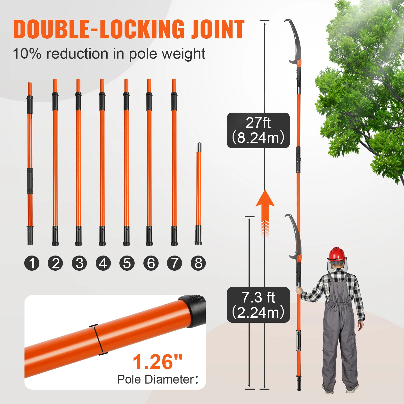 VEVOR Manual Pole Saw 7.3-27 ft Extendable Tree Pruner Manual High Branches Trimmer w/ 8 Handles for Pruning Palms and Shrubs