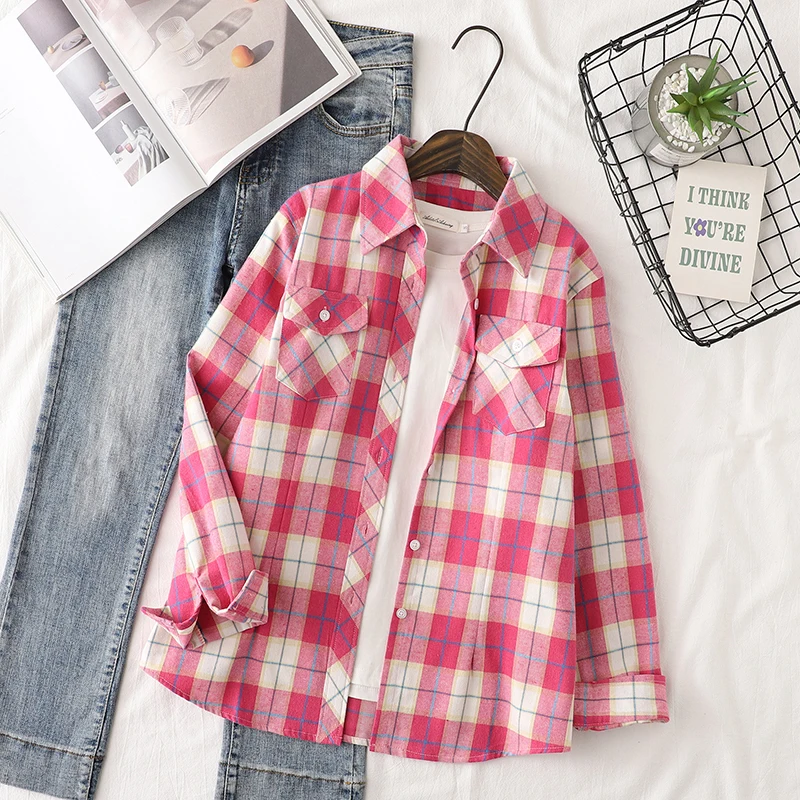 ผ้าฝ้ายลายสก๊อตเสื้อผู้หญิง 2024 ฤดูใบไม้ร่วงใหม่หญิง Casual SLIM FIT เสื้อแขนยาวและเสื้อสุภาพสตรี Checkered เสื้อผ้า
