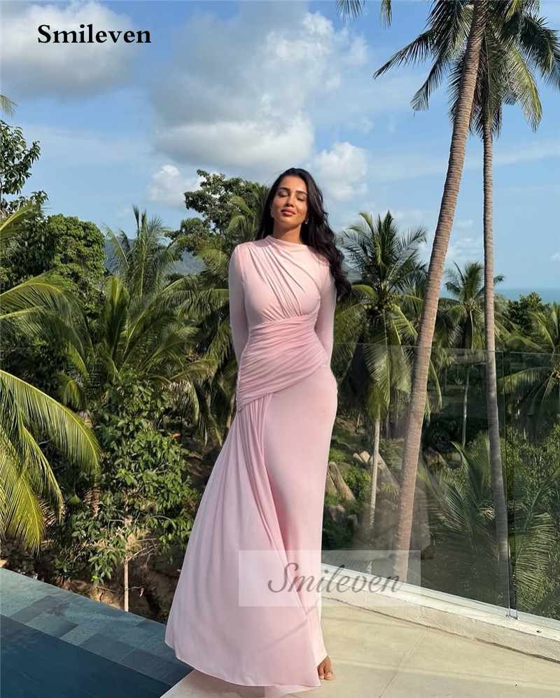 Smileven Crepe Abendkleid Rosa Langarm Schlank Prom Party Kleider Elegante Einfache Maxi Prom Kleider 2025, Angepasst