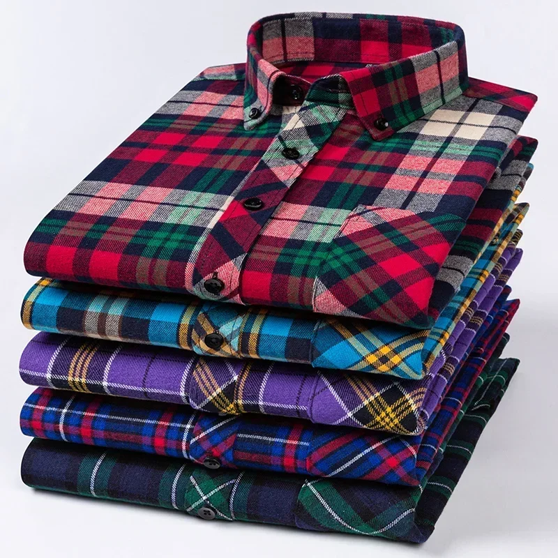 Camisa de franela gruesa de otoño, camisas a cuadros de ajuste estándar para hombres, manga larga, algodón puro, moda, diseño de un solo bolsillo tipo parche para jóvenes