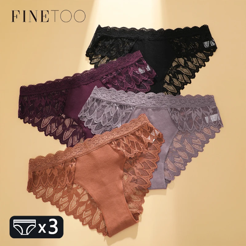 FINETOO 3-teilige Spitzen-Unterwäsche für Damen, sexy Low-Waist-Blumen-Slips, weiblich, unsichtbar, atmungsaktiv, weich, intim