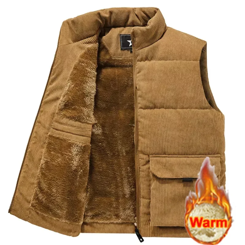 Colete de lã sem mangas para homens, gola, casacos do exército, coletes engrossados, roupas masculinas, jaqueta quente, inverno