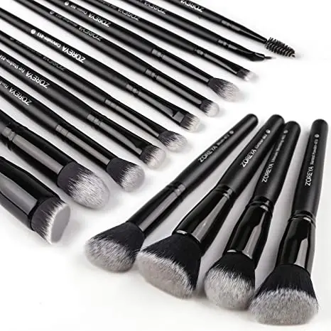 ZOREYA 15 Buah Alat Set Kuas Rias Hitam Mewah Kuas Profesional Kuas Foundation Bubuk Eyeliner Kuas Rias Eyeshadow
