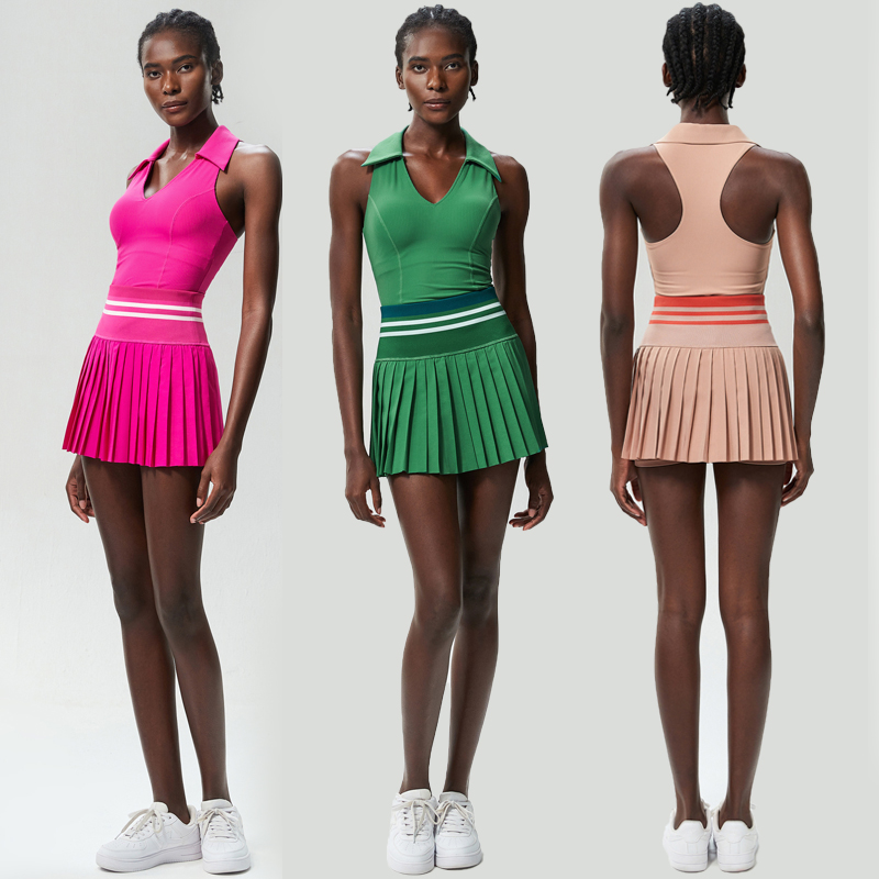 Conjunto de Yoga de dos piezas para mujer, Top de gimnasio de Color sólido, falda de tenis, traje deportivo, ropa deportiva corta transpirable de secado rápido, ropa de entrenamiento