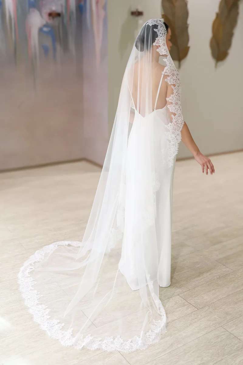 Véu de renda mantilla, véu de noiva de uma camada com acabamento em renda, véu de casamento longo catedral