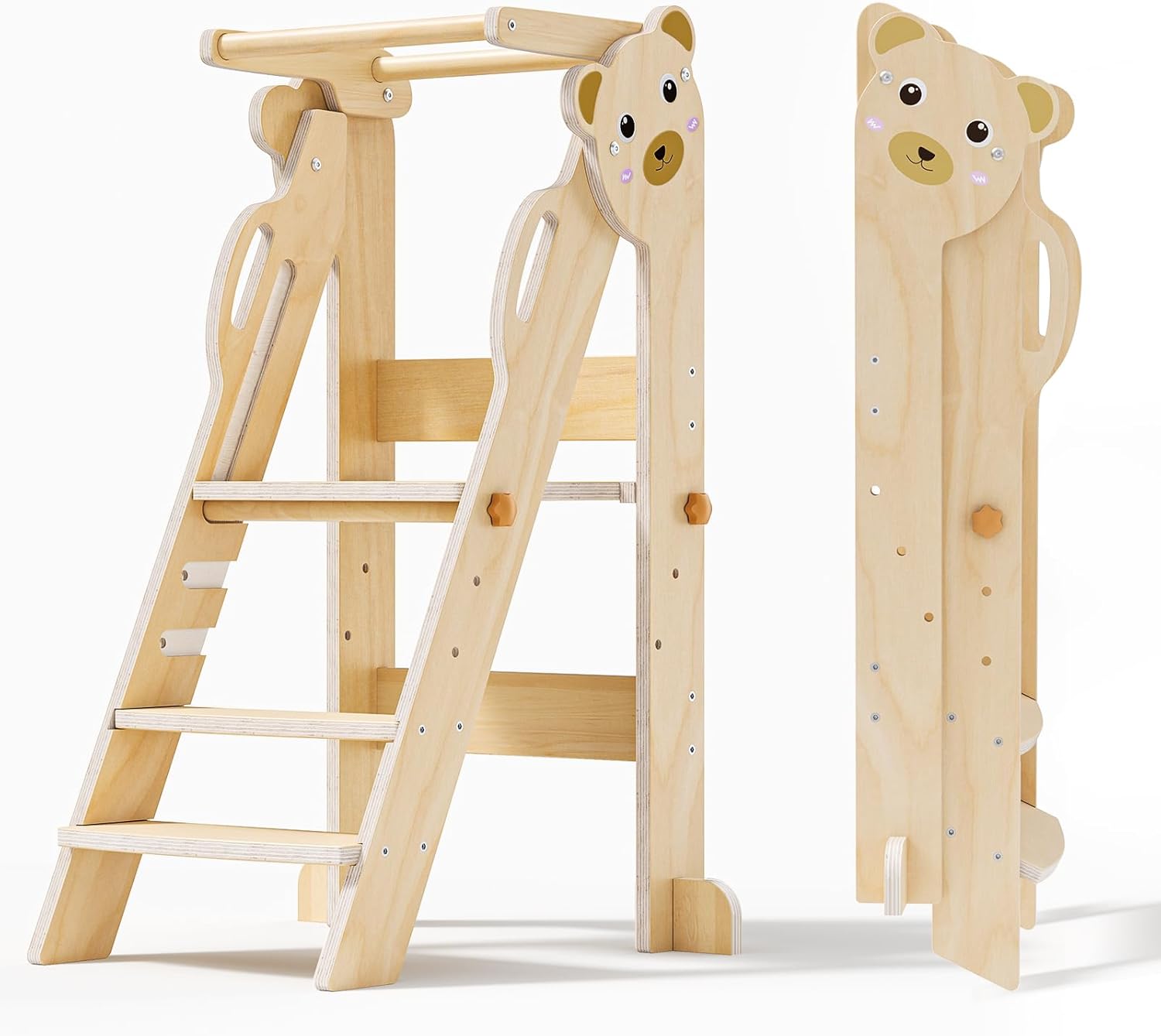 Torre de aprendizaje plegable, 2 escalones, escalón para niños de altura ajustable, torre multiusos para niños fácil de montar (color madera