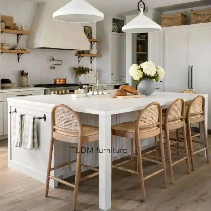 Nordic rattan encosto barra fezes casa de luxo cadeira barra casual cadeiras jantar moderno e minimalista madeira alta fezes cadeira recepção