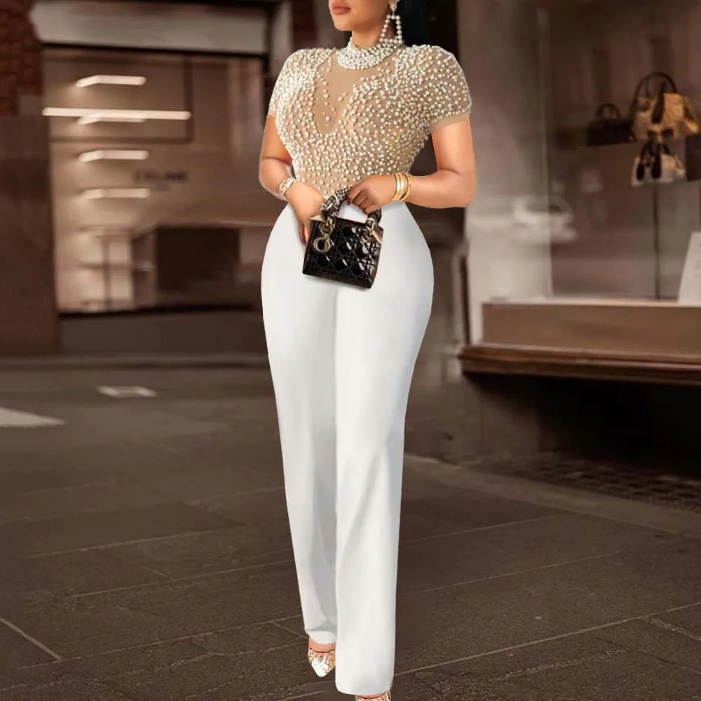 Elegante Overalls und Strampler für Frauen, O-Ausschnitt, kurze Ärmel, Perlen, hohe Taille, luxuriöses weibliches Geburtstags-Dinner-Party-Overall-Outfit