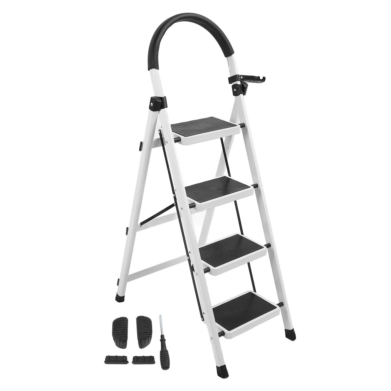 Escalera plegable Escalera de 4 escalones con pasamanos Taburete plegable de acero grueso de 4 escalones Escalera de acero resistente portátil para interior blanco