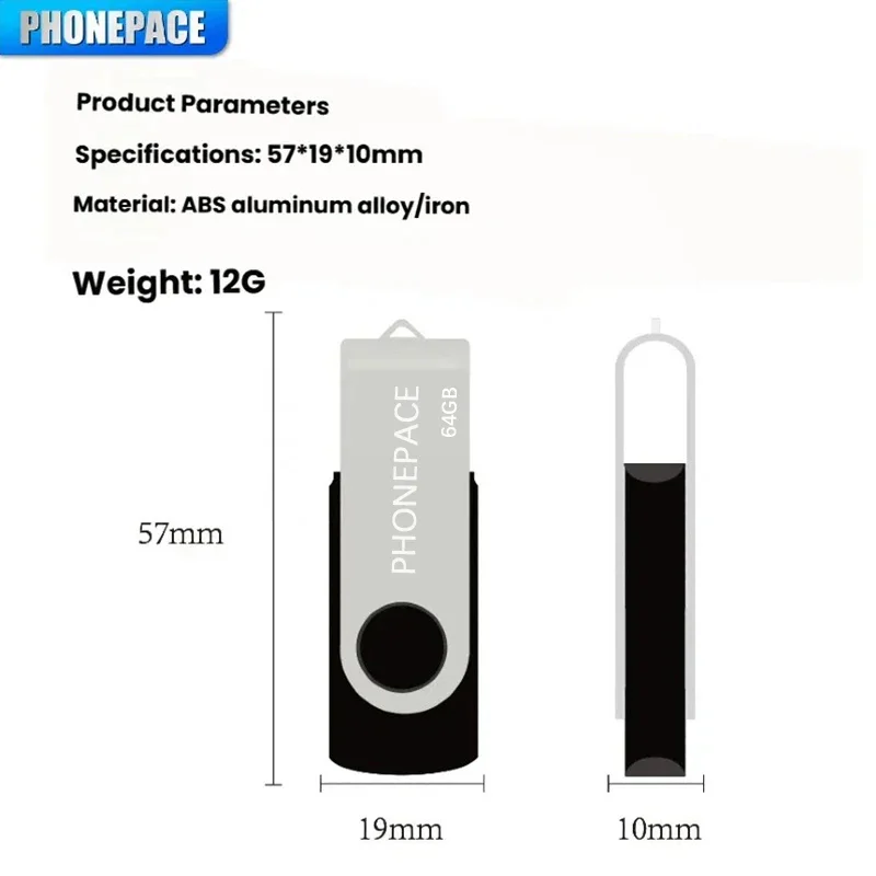 PHONEPACE Rotatable USB Flash Drive High-Speed USB 2.0 Interface Aluminum Alloy Material Durable Long-lasting Wide Compatibility