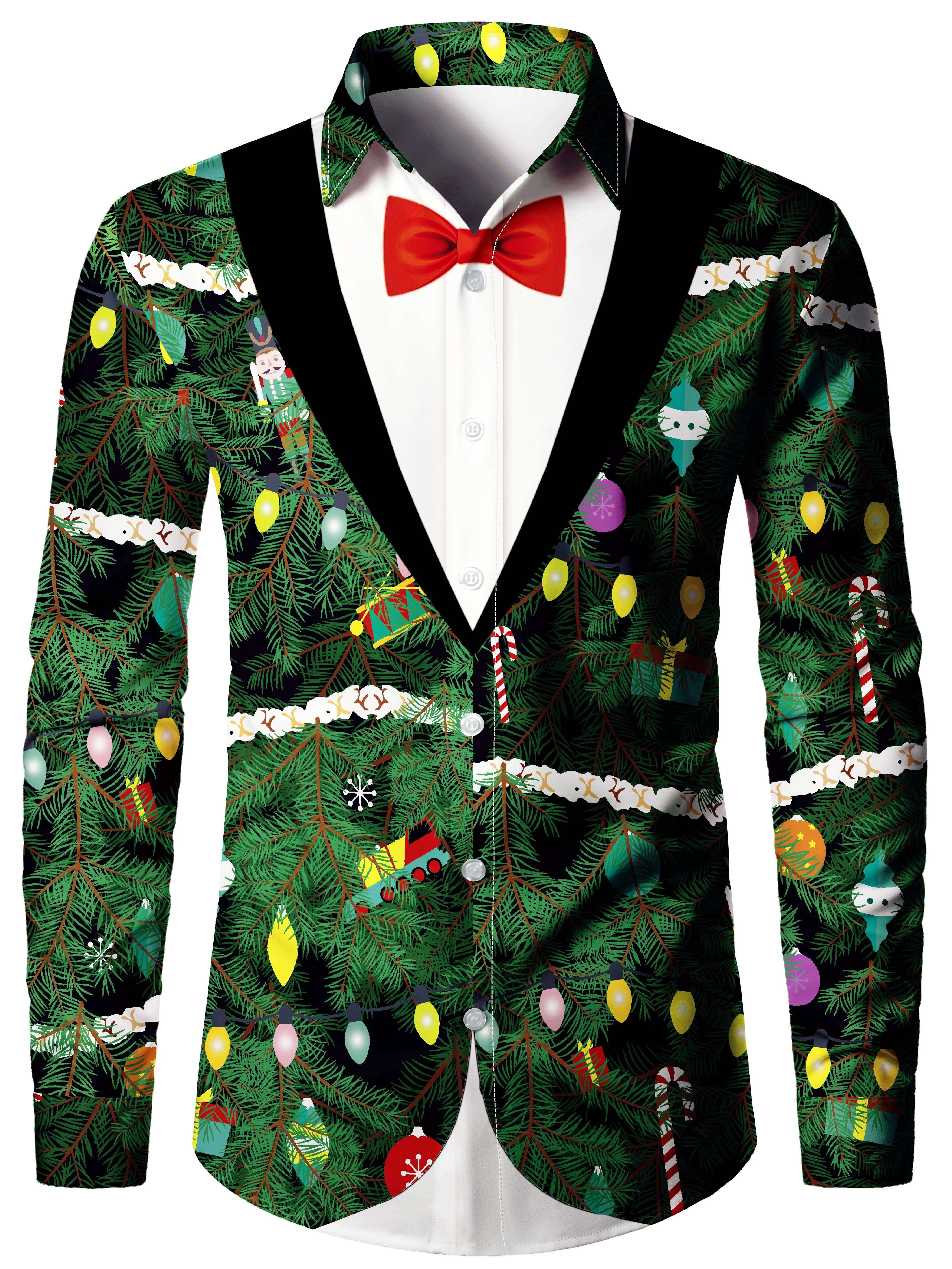 Camisa Festive Humor Ghillie, camisa navideña de manga larga con estampado completo para hombre, tops informales, ropa de manga larga para hombre con Navidad