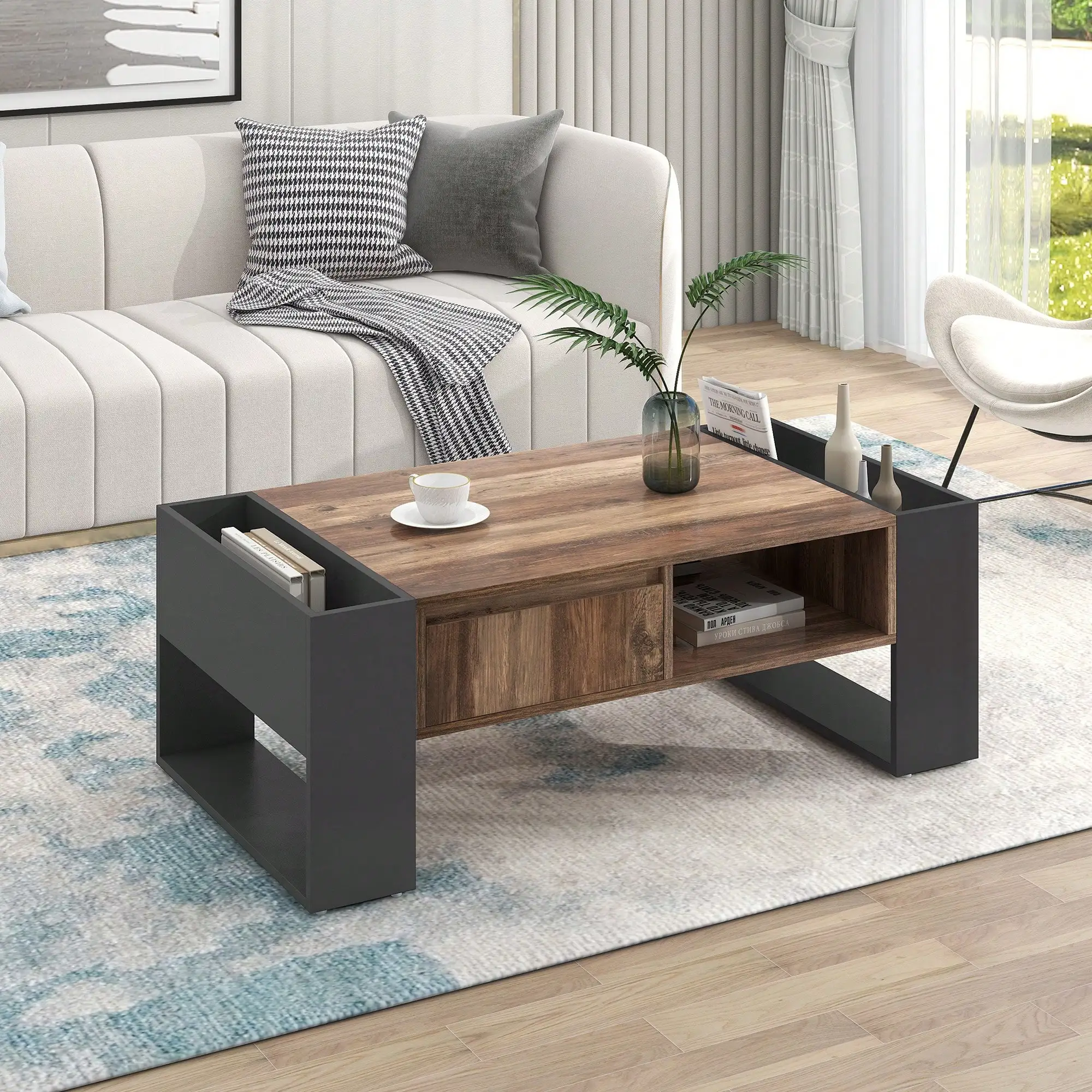 Mesa de centro de grão de madeira KOMHTOM, mesa lateral com prateleira dupla face, mesa de sala de estar com gavetas, espaço de armazenamento para quarto