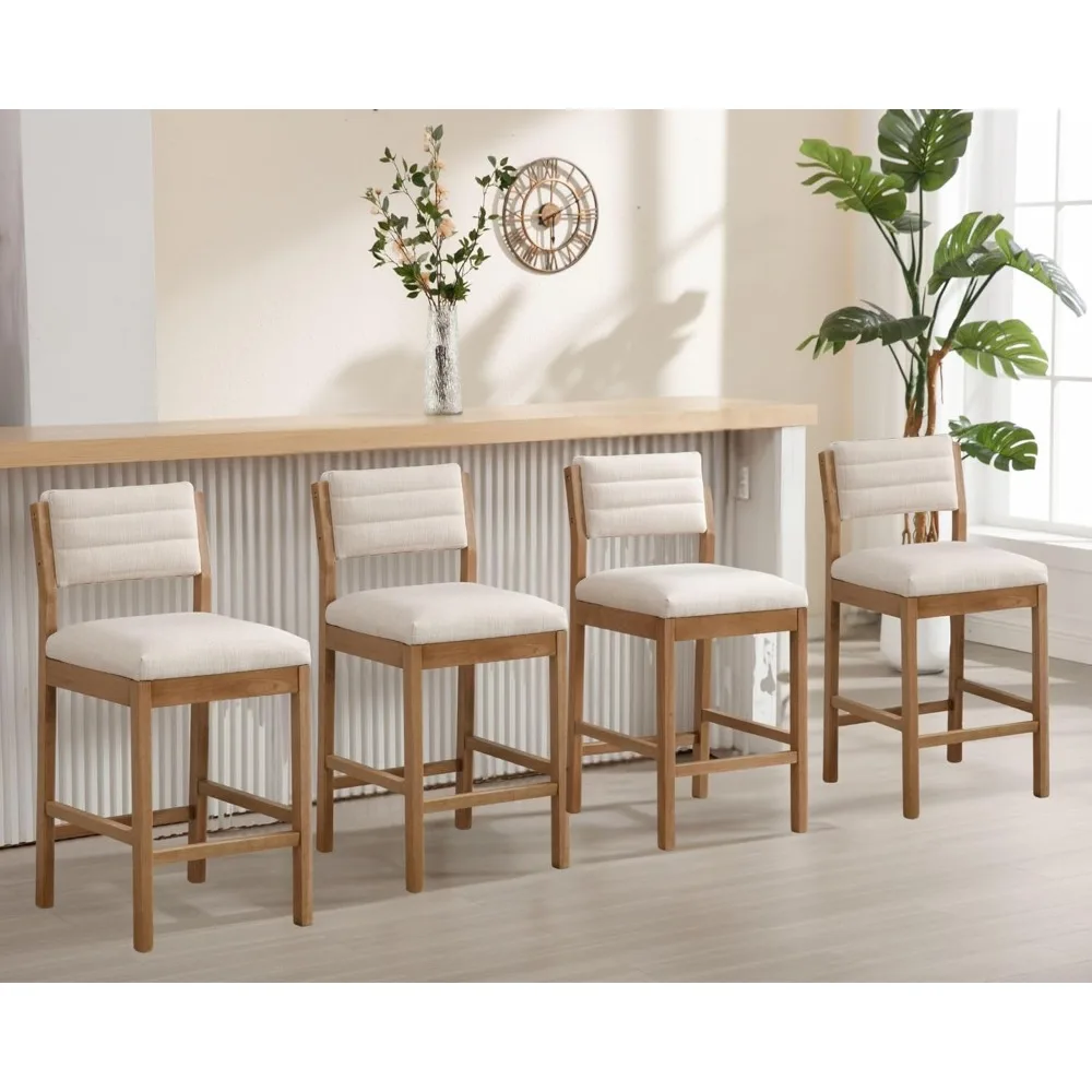 26.5'' Tall Bar Stools Set of 4 Modern Counter Stools with Backs Beige Linen Upholstered Bar Height Chairs Counter Height Island