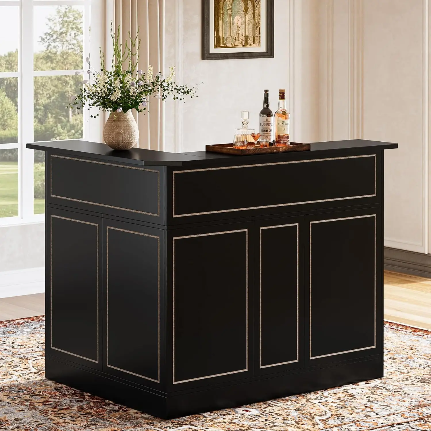 Bar Cabinet, L-Shaped Home Table with Stemware Racks, 4-Tier Corner Bar Unit Liquor Wine Bar Table Reception Desk for Home Pub